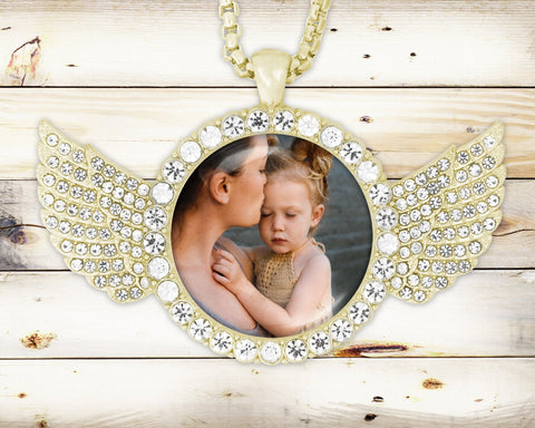 Gold or Silver Custom Rhinestone Angel Wing Necklace  | Memorial | Anniversary | Memory Necklace | Christmas Gift | Photo Necklace