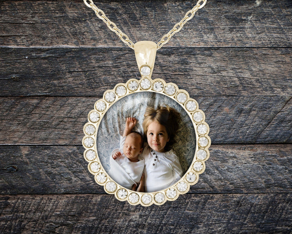 Silver or Gold Custom Rhinestone Round Necklace  | Picture Necklace | Anniversary | Christmas Gift | Graduation Gift