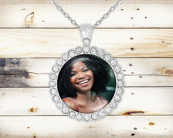 Silver Custom Rhinestone Round Necklace  | Picture Necklace | Anniversary | Christmas Gift | Graduation Gift