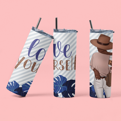 20oz Love Yourself Affirmation Skinny Tumbler with Plastic Straw | Drinkware | Gift for Her